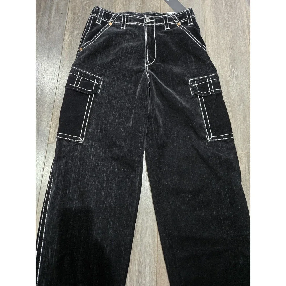 True Religion Baggy Belt Cargo Jeans Mens 32 Black Contrast Stitch NWT Wide Leg